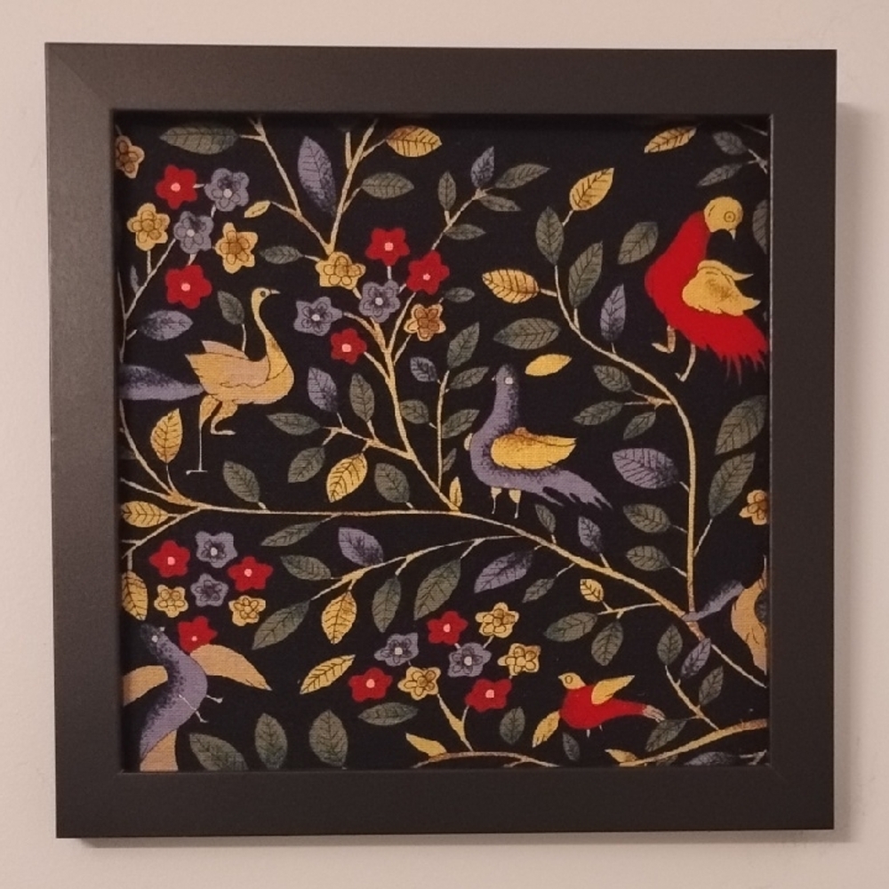 Colorful Bird and Floral Fiber Art in Black Frame